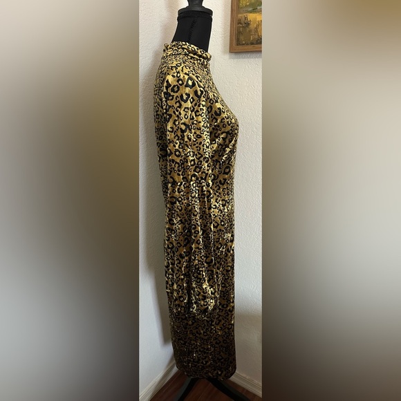 Ina Velvet Leopard Print Long Puff Sleeve Midi Dress - Size Large - Picture 2 of 8